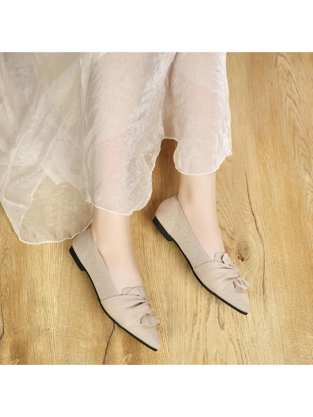 Women's Beige Pointed Toe Ballet Flats with Bow Comfortable Knit Dressy Shoes